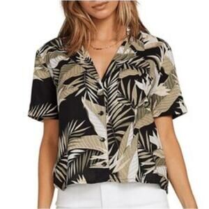 Volcom Gen Wow Tropical Shirt WMNS M Black Button Up Relax Fit Short-Sleeve